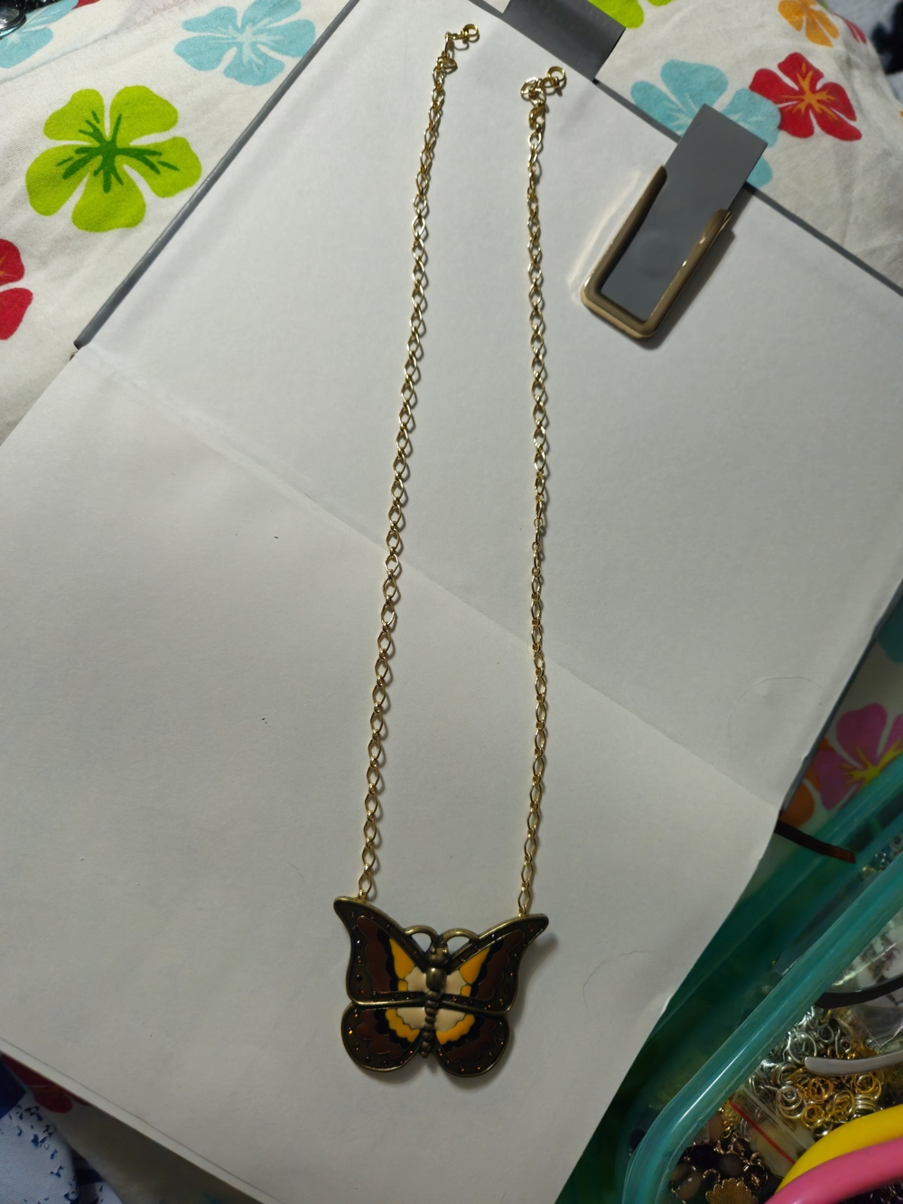 Gold Butterfly Pendant Necklace - Yellow & Brown Accent